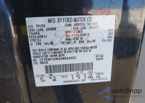 2005 Ford F-150 Xlt из США, поврежденный, VIN 1FTRW12W25KB54525